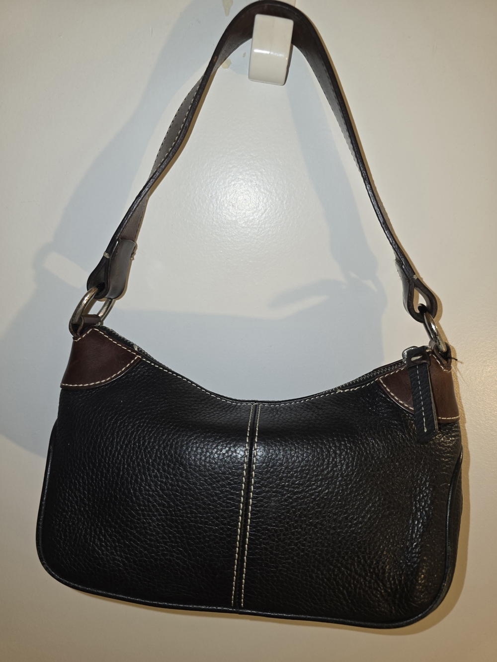 Dooney & Burke Classic Black Leather Shoulder Bag with Brown Accents